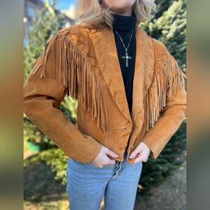 Vintage 90s Camel Tan Suede Leather Fringe Cropped Hippie Western Cowgirl Jacket